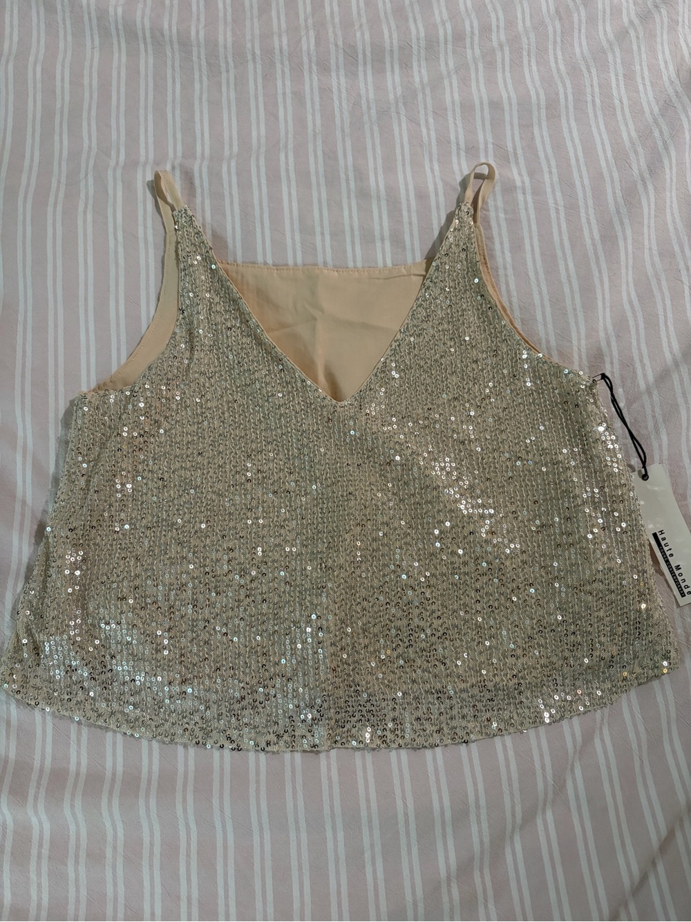 Sequin V-Neck Cami Tank Top - Nude